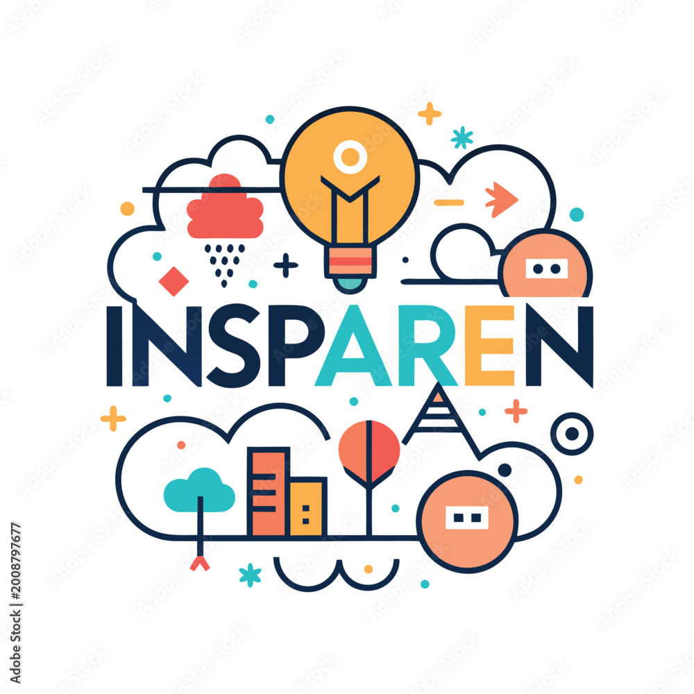 Naklejka premium Creative illustration with the word Insparen surrounded by inspirational elements like a lightbulb and clouds