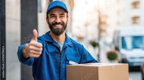 A smiling delivery man in a blue uniform and cap, holding a package and giving a thumbs-up. He is standing outdoors, with a building and a van in the background