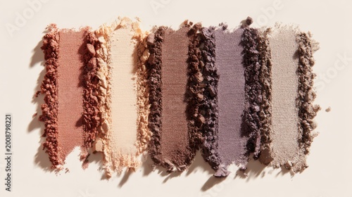 A selection of eyeshadow swatches in various earth tones, showcasing different textures and shades. The colors range from warm browns and peachy hues to deeper purples and neutrals.