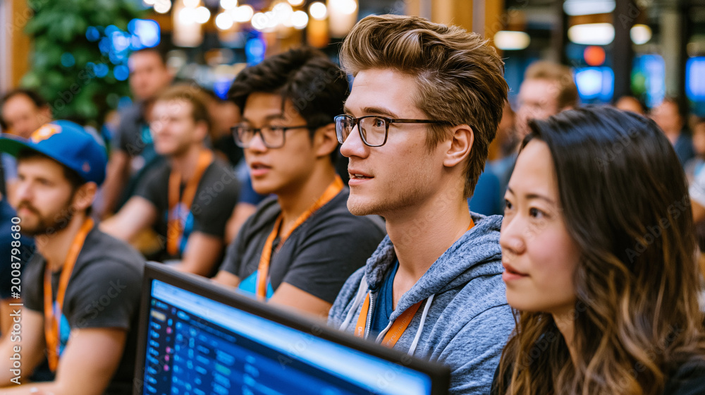 Fototapeta premium A crowded co-working floor during a product demo day, founders huddled around a monitor showing a live user dashboard, mouths open mid-sentence, perfect for product market fit, startup culture, and 