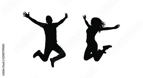 Jumping people silhouettes with arms raised black on white silhouette
