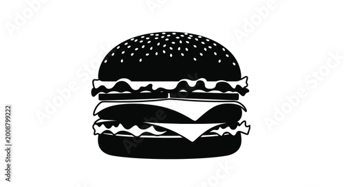Black hamburger silhouette with sesame seeds on bun silhouette