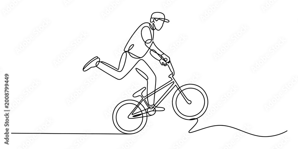 Fototapeta premium Continuous single line drawing of a person riding a bmx bike doing a stunt trick Vector, illustration