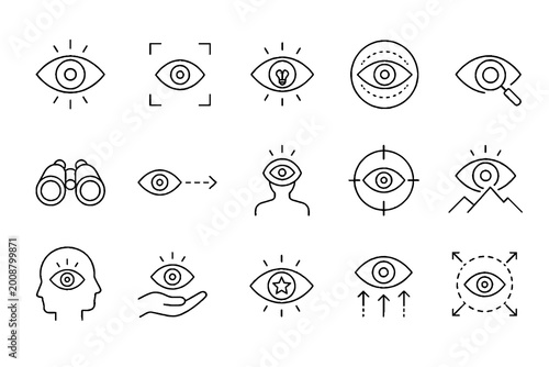 Eye and Vision Line Icons Set with View Sight Observation and Optical Symbols