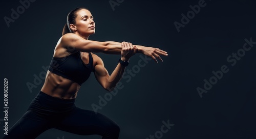 A fit, athletic woman in black sportswear performing an arm stretch against a dark background, showing muscle definition and core strength during a workout session.