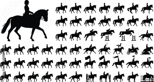 Bild auf Leinwand Large Equestrian Horse Riding Silhouette Vector Collection Featuring Multiple Ri