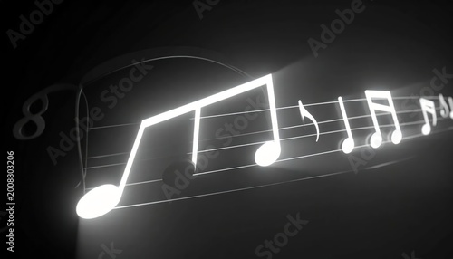 Abstract glowing musical notes on a dark background.