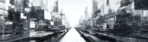 Futuristic cityscape with abstract, high-tech buildings in monochrome tones, featuring reflective surfaces and a central vanishing point depth and perspective, ai co-creator abstract background