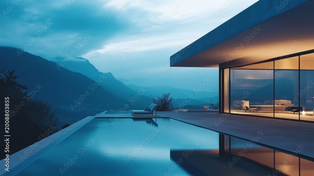 Fototapeta premium Modern house with large pool and mountain view at dusk in a quiet location