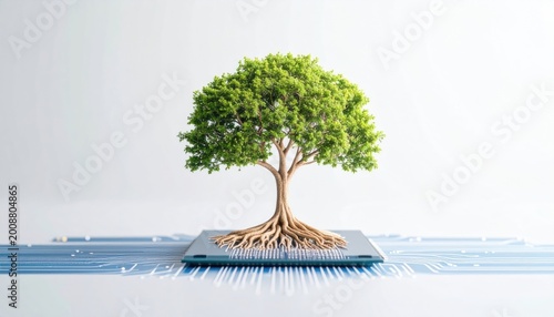 Tree growing from motherboard, roots as circuits, fusion of nature and technology, surreal but realistic