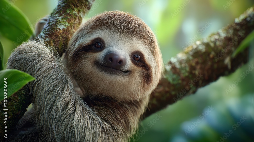 Fototapeta premium Sloth hanging from a tree branch