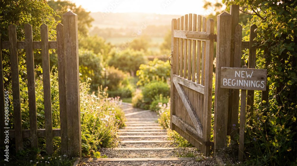 Fototapeta premium Open gate at the top of ascending stone steps with sunlight beyond new opportunity future