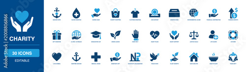 Schilderij op canvas Philanthropic Charity Solid Icon Set showing generous donation box, strong heart