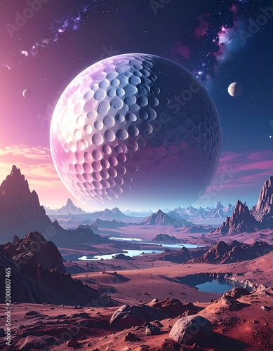 Surreal landscape featuring a colossal, textured planet, framed by distant moons, and jagged mountain ranges with colored sky