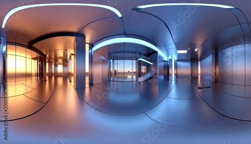 Futuristic Architectural Interior Panorama with Modern Design and Lighting.