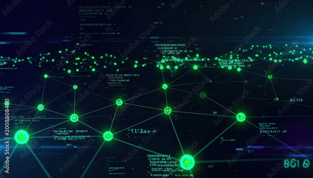 Obraz premium Abstract Digital Network Connections with Glowing Green Nodes and Data Streams.
