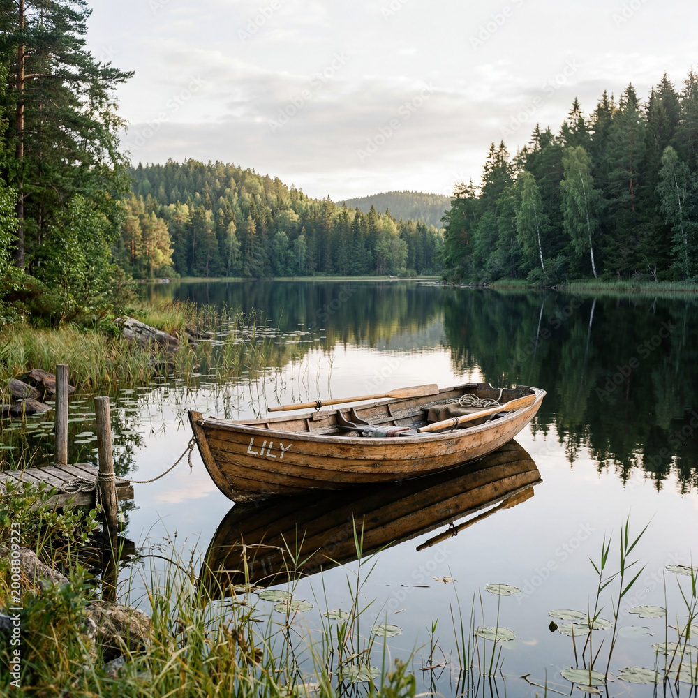 Obraz premium Small wooden rowboat on a quiet lake with serene peaceful natural landscape no people tranquil