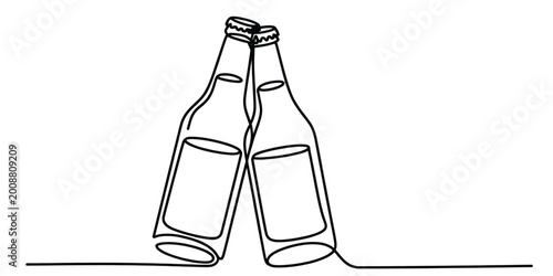 Tableau sur toile Two beer bottles clinking in continuous line drawing style