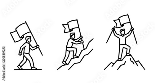 Photos Minimalist business success line icon set featuring a man holding a flag climbin
