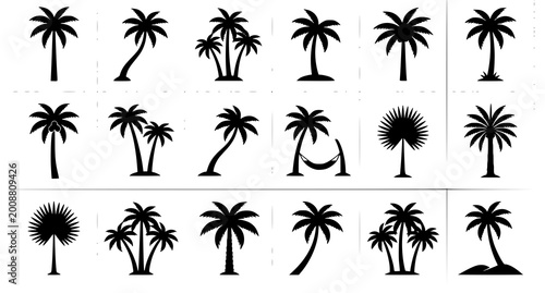 Obraz na płótnie Tropical palm tree silhouette icon set featuring coconut palms hammock beach tre