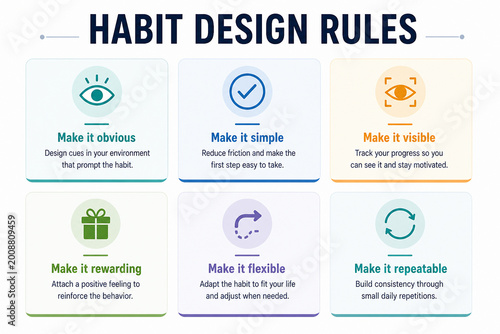 It displays habit design rules with visual cues and explanations for building positive habits. It’s a graphic illustrating how to create consistent behavior change through environmental design and rei
