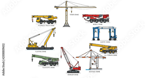 Canvastavla Industrial construction crane vector illustration set featuring tower mobile gan