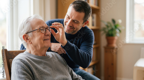Adult son helping his elderly father put on glasses. Caring man assisting senior parent at home. Family support and aging concept