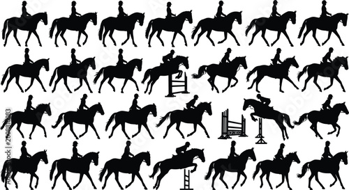 Bild auf Leinwand Equestrian Horse Jumping Silhouette Vector Collection Featuring Riders in Show J