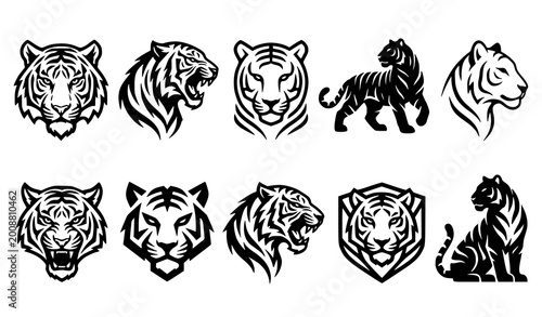 Fotografía Black and white vector illustration set of ten stylized tiger designs including