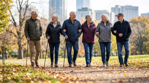 Aging Population Trend: Senior group walking together in urban park
