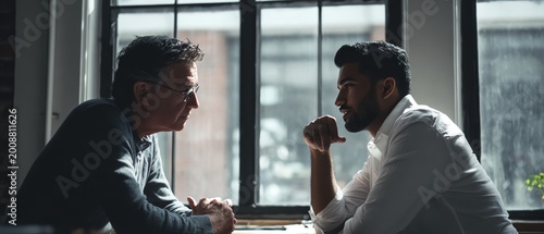 Two men discussing ideas in a bright office.