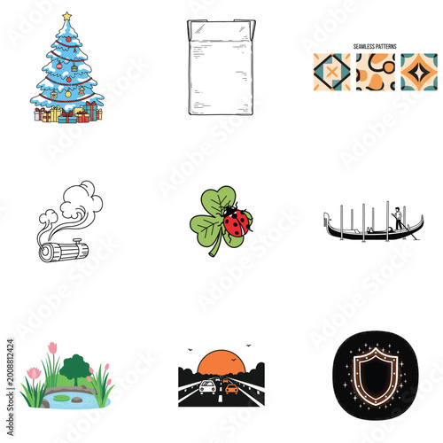 Festive holiday illustration collection with seamless patterns
