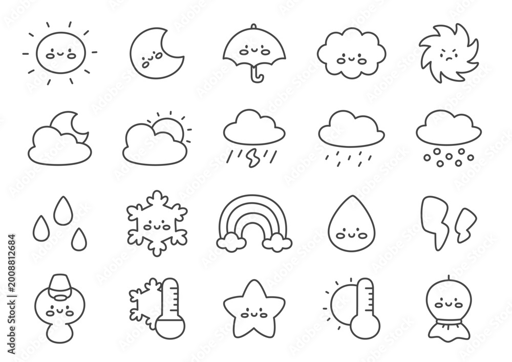 Fototapeta premium Kawaii weather icon set. Collection of cute monochrome climate elements showing different conditions and temperature variations with friendly expressions and simple style. Vector 10 EPS.