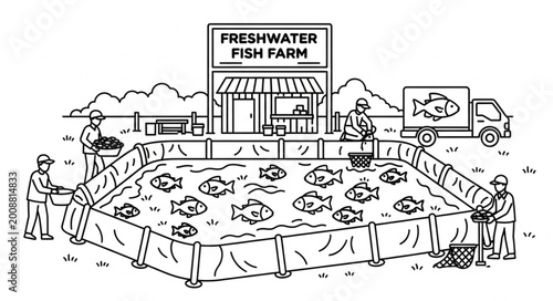 Fotografía Freshwater Fish Farm with Fish Pond and Workers.