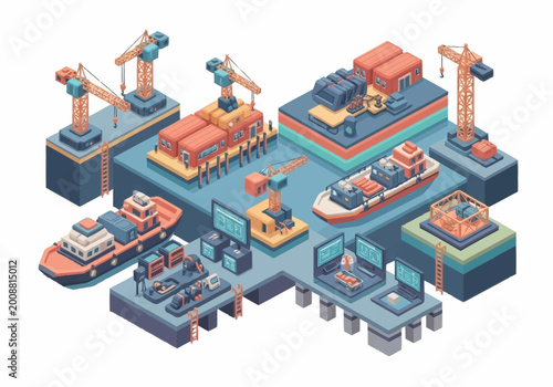 Isometric illustration of a modern shipping port with cranes, cargo ships, and containers.
