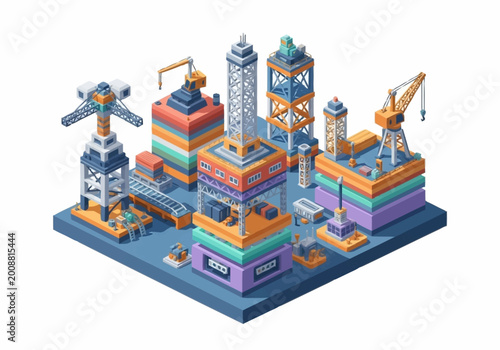 Photos Isometric illustration of a colorful, abstract cityscape with various buildings and construction cranes