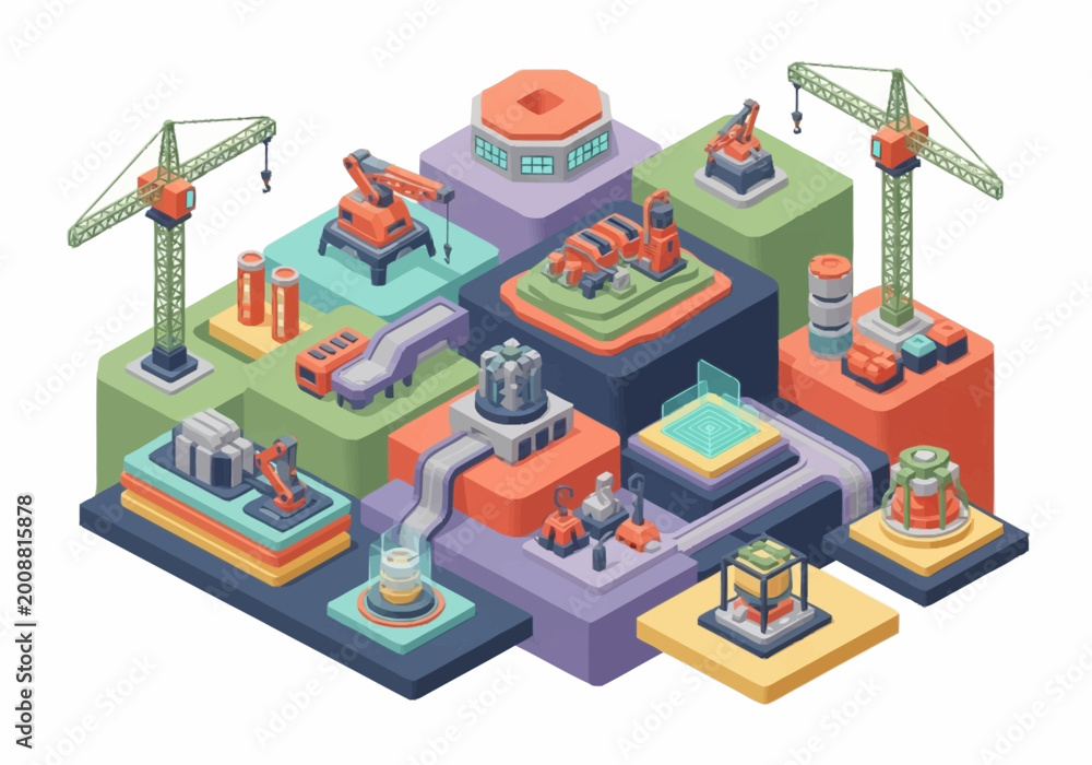 Fototapeta premium Isometric illustration of a futuristic industrial complex with automated machinery and cranes.