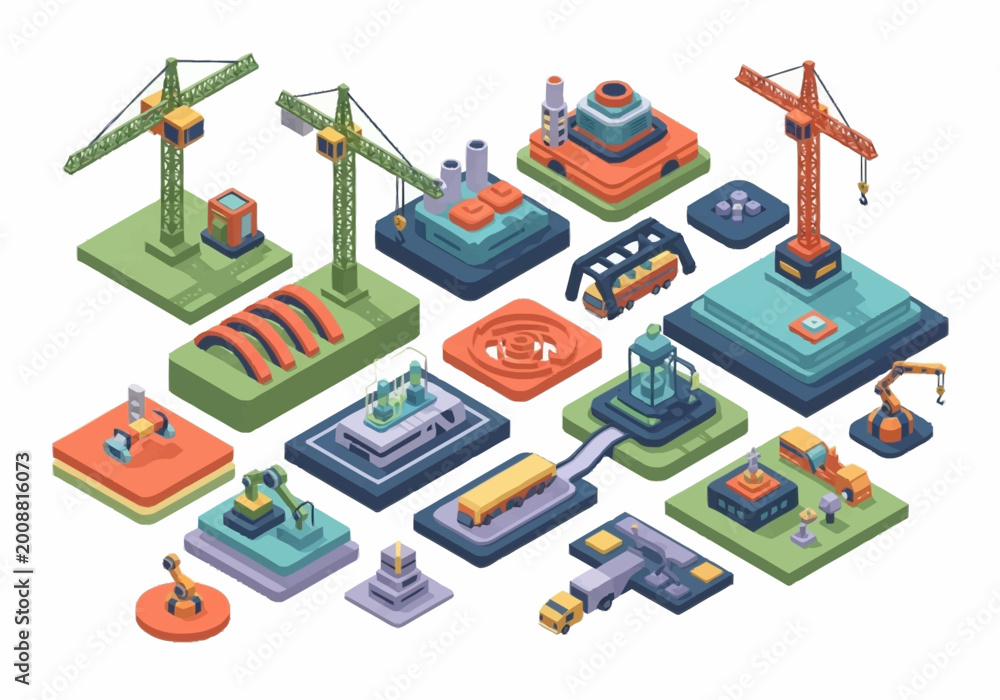 Obraz premium Isometric industrial complex with cranes, factories, and construction elements.