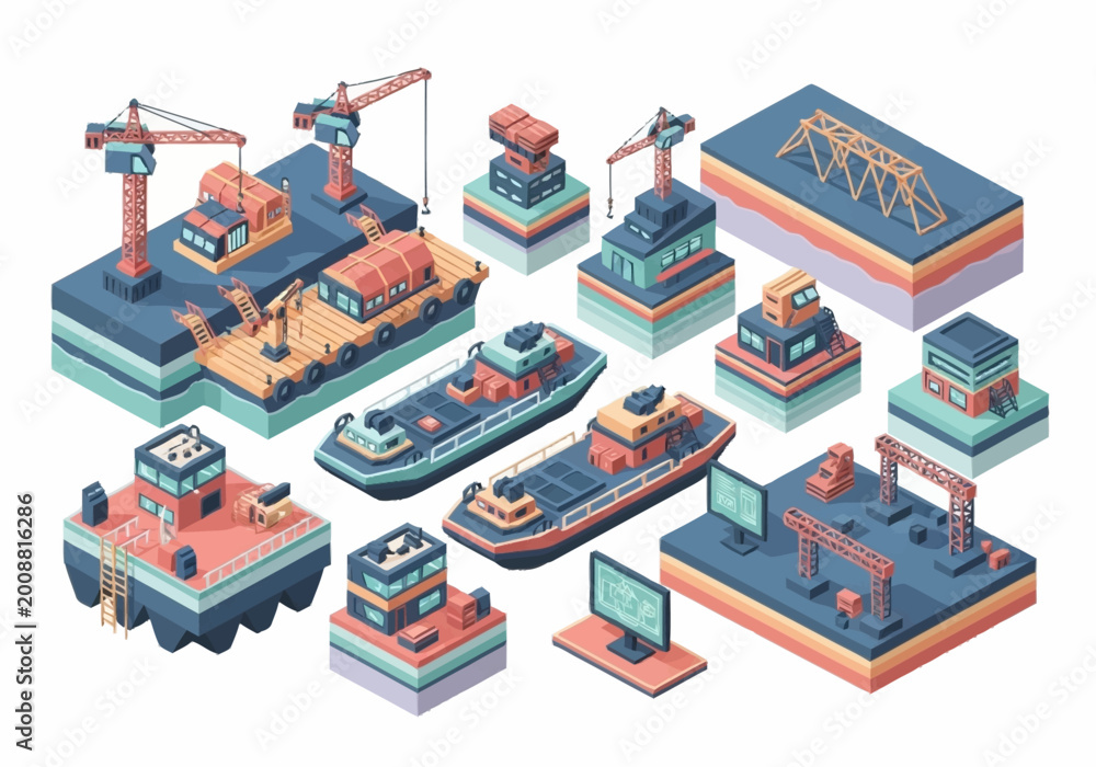 Fototapeta premium Isometric illustration of construction elements, including cranes, buildings, and boats, on a white background.