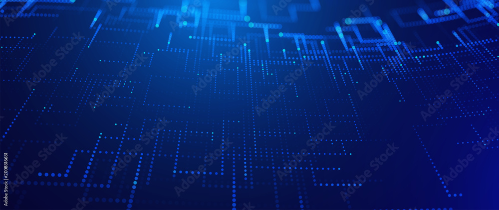 Obraz premium Digital Tech Background. Blue Glowing Pixel Circuit Dot Pattern. Data Lines for Tech Innovation, Science Research, AI Artificial Intelligence and Big Data Presentation. Vector Illustration