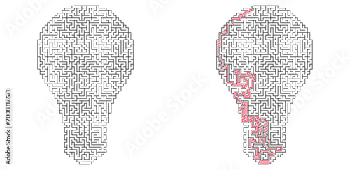 LED bulb shaped maze with solution. Simple black and white vector labyrinth, educational logic puzzle game for children and adults.