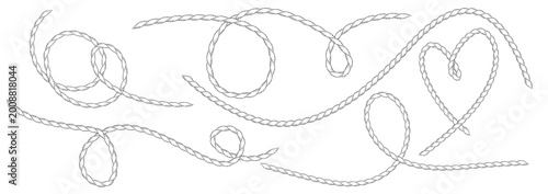 Set of wavy western or nautical rope squiggle lines with flowing curves and tangles Marine cable pattern for sailor design Hand drawn sketch continuous line doodle elements Rope vector brush shapes