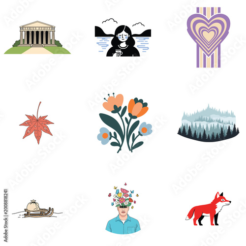 Abstract Digital Art with Classical Architecture and Heart Icons