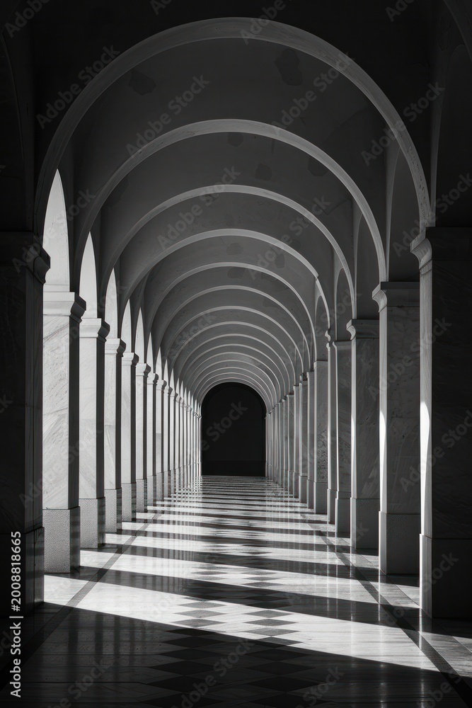 Naklejka premium Symmetrical Archway Corridor with Dramatic Shadows
