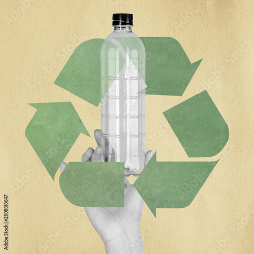 Hand holding clear plastic bottle overlaid with green recycling symbol, promoting sustainability