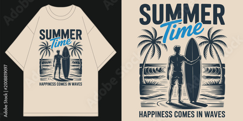 summer time happiness comes in waves retro vintage sunset surfer palm tree graphic coastal beach aesthetic tropical apparel merchandise clothing fashion t shirt design vector illustration artwork
