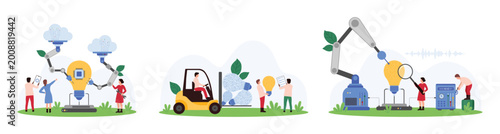 Creation of innovation, digital tech projects with AI help set. Tiny people and robotic arm building light bulb, analyze quality and value of idea with magnifying glass cartoon vector illustration