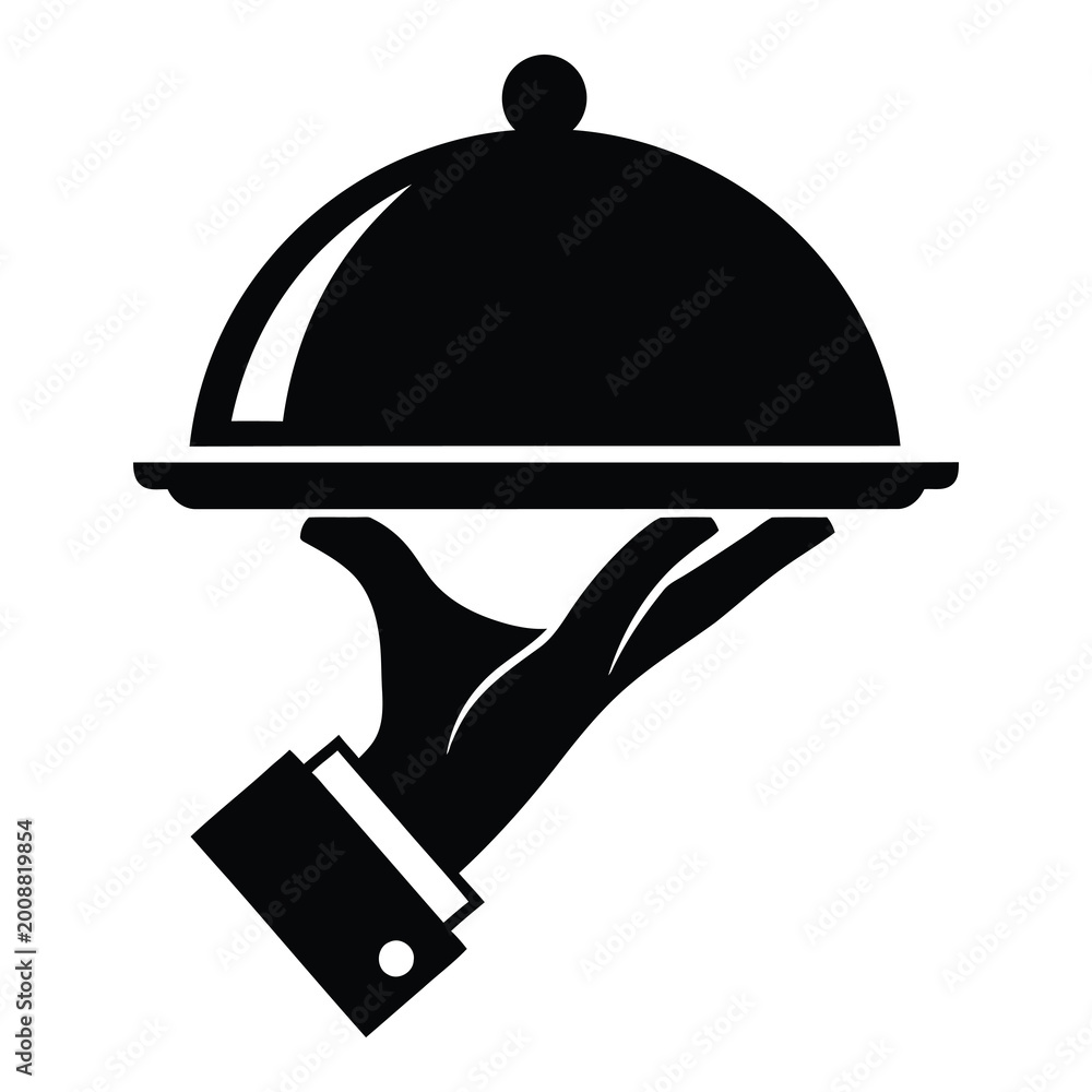 Fototapeta premium Black silhouette of hand holding covered serving dish on tray isolated on transparent background icon