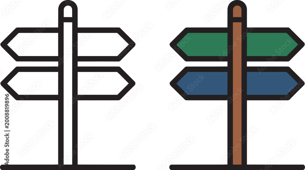 Obraz premium Signpost with directional arrows in outline and color illustrations showing different paths