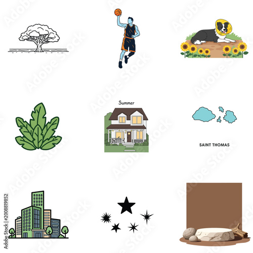 Summer lifestyle vector illustration set with basketball and nature
